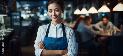 Fototapeta Naklejka Na Ścianę i Meble -  young asian american waitress on hotel restaurant