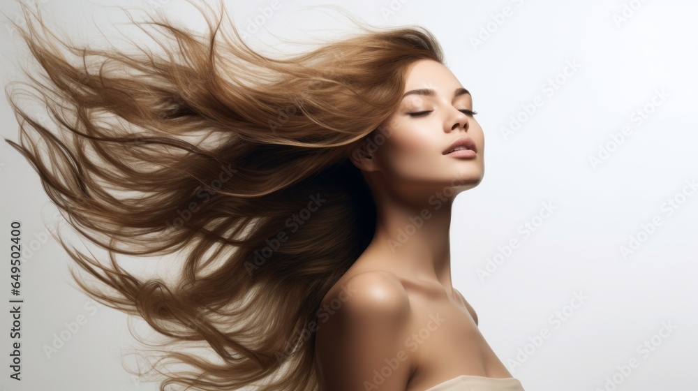 closeup photo portrait of a beautiful young female model woman shaking her beautiful ginger hair in motion. ad for shampoo conditioner hair products. isolated on white background. Generative AI closeup photo portrait of a beautiful young female model woman shaking her beautiful ginger hair in motion. ad for shampoo conditioner hair products. isolated on white background. Generative AI