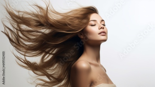 closeup photo portrait of a beautiful young female model woman shaking her beautiful ginger hair in motion. ad for shampoo conditioner hair products. isolated on white background. Generative AI