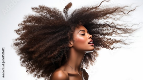closeup of beautiful black african american young female model woman shaking her beautiful afro hair in motion. ad for shampoo conditioner hair products. isolated on white background. Generative AI