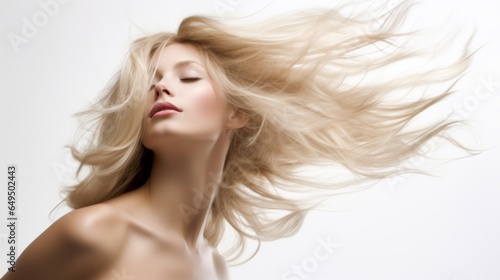 Fotografia closeup photo portrait of a beautiful young female model woman shaking her beautiful blonde hair in motion