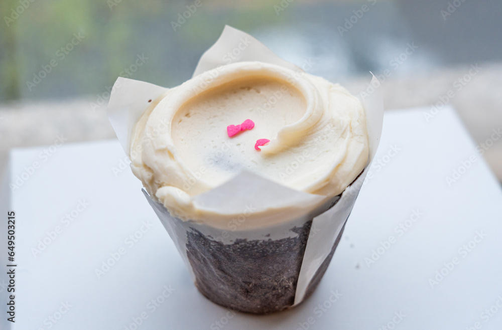 Closeup chocolate cupcake with a vanilla buttercream frosting