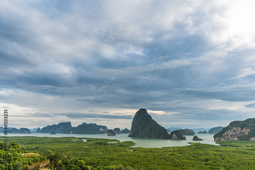 Phang Nga Bay from Samed Nang Chee viewpoint in Phang Nga, Thailand at sunrise