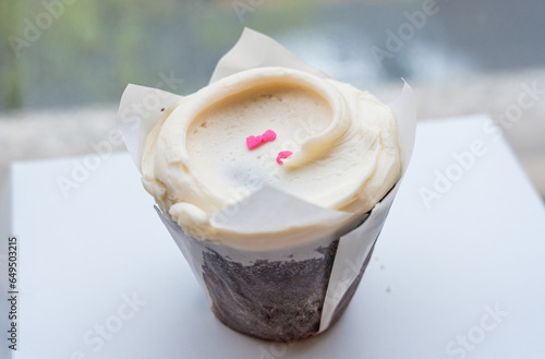 Obraz na płótnie Closeup chocolate cupcake with a vanilla buttercream frosting w salonie