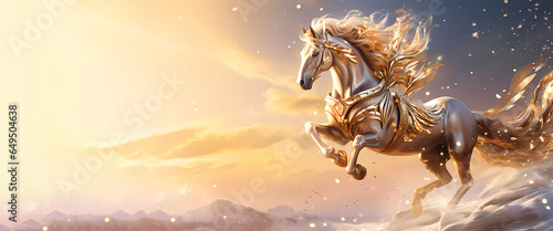 A golden horse with a mane gallops against a beautiful background of clouds. Banner. Copy space. Generated AI. Edited in Photoshop.