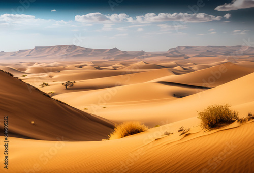 Vast and arid desert  towering sand dunes. Desolate landscape  a solitary oasis.