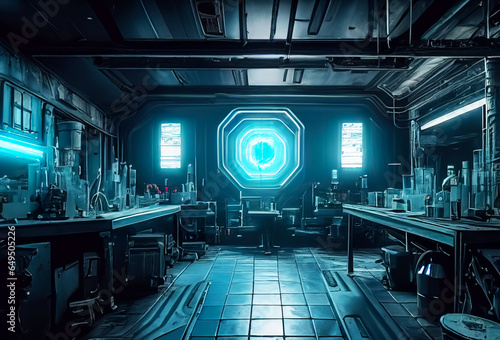 Futuristic Secret Underground Laboratory. Interior Underground Science Medical Lab Room Building