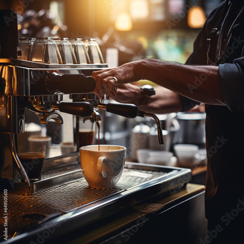 Barista, machine making coffee, blurred background, coffee shop atmosphere. Espresso machine pouring liquid into cup, in the style of selective focus