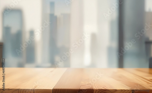 Wood table top on blurred city background - can be used for display or montage your products