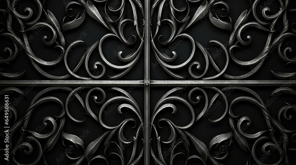 Intricate wrought iron gate texture background, featuring ornate scrolls and geometric patterns in dark, elegant metal. Ideal for adding a touch of sophistication to architectural renderings. - obrazy, fototapety, plakaty 