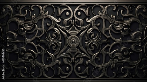 Intricate wrought iron gate texture background, featuring ornate scrolls and geometric patterns in dark, elegant metal. Ideal for adding a touch of sophistication to architectural renderings.