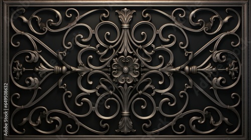 Intricate wrought iron gate texture background, featuring ornate scrolls and geometric patterns in dark, elegant metal. Ideal for adding a touch of sophistication to architectural renderings. photo