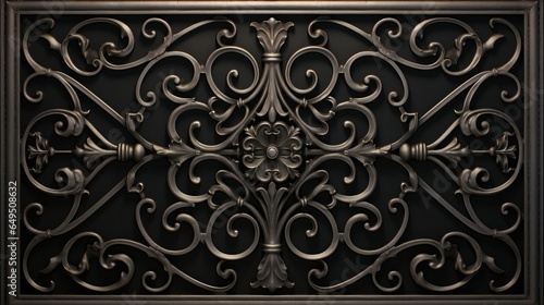 Intricate wrought iron gate texture background, featuring ornate scrolls and geometric patterns in dark, elegant metal. Ideal for adding a touch of sophistication to architectural renderings.