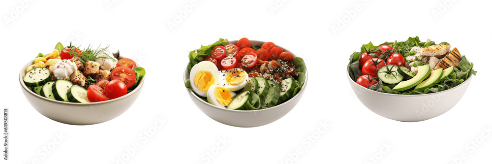 A set of three salad in bowl isolated on transparent background A set of three salad in bowl isolated on transparent background