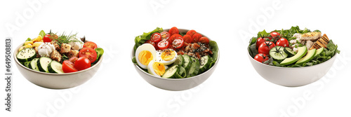 A set of three salad in bowl isolated on transparent background