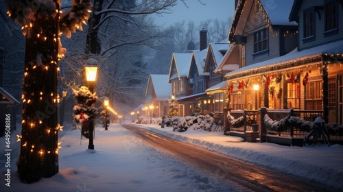 Snow blankets the quiet town, softly glowing lights adorning homes, streets filled with a hushed anticipation.