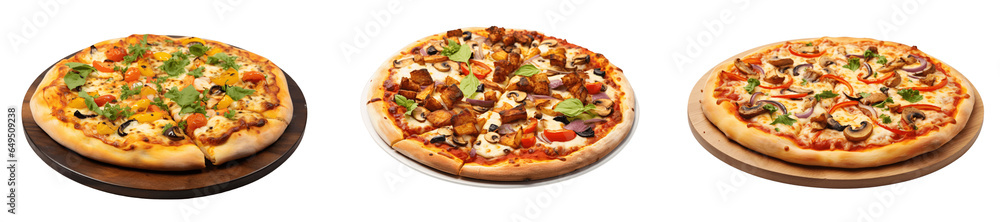 A Set of three freshly backed vegetable pizzas isolated on a transparent background