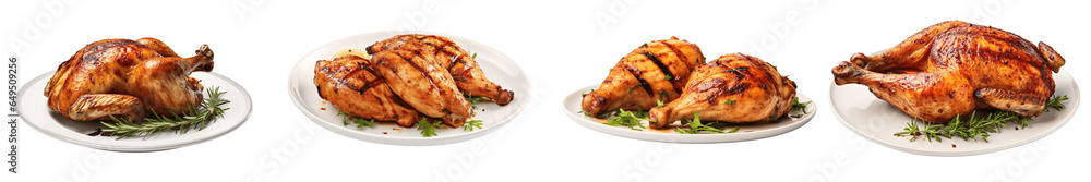 Set of four roast chickens on the grill, Delicious, freshly baked, roast chicken leg piece, crispy, baked chicken isolated on a transparent background Set of four roast chickens on the grill, Delicious, freshly baked, roast chicken leg piece, crispy, baked chicken isolated on a transparent background