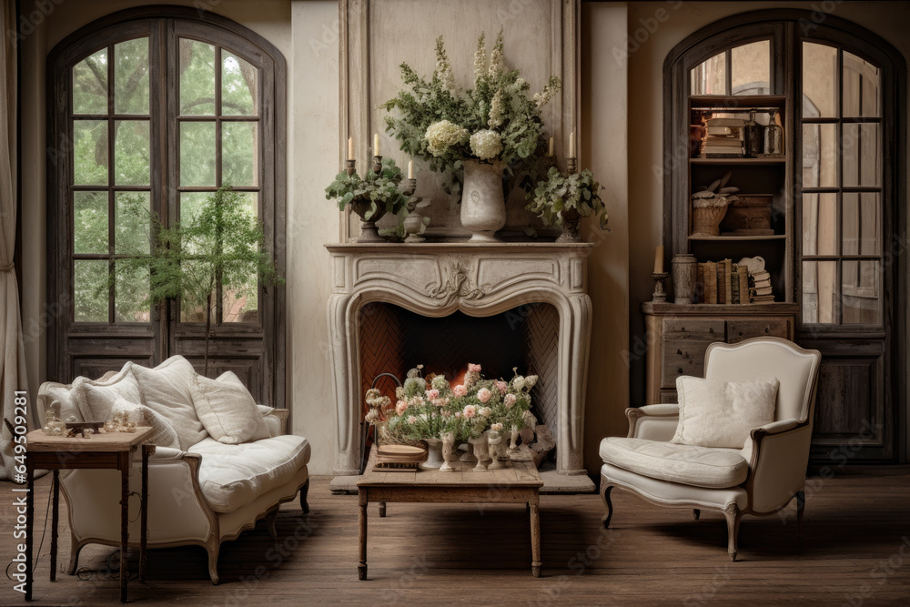 Step into a charming and inviting French country living room, adorned with vintage charm, rustic accents, and timeless elegance, featuring cozy soft textiles, distressed furniture, earthy tones