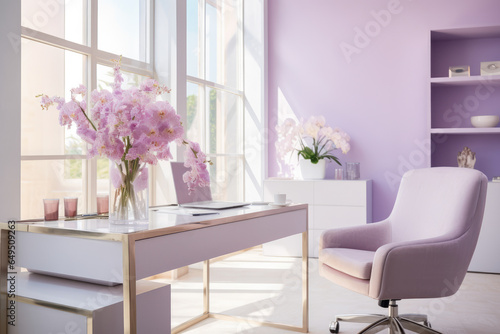 Step into a Serene Oasis of Tranquility: Experience the Rejuvenating Ambiance of a Minimalist Orchid-Colored Office Interior, Designed for Productivity and Comfort.
