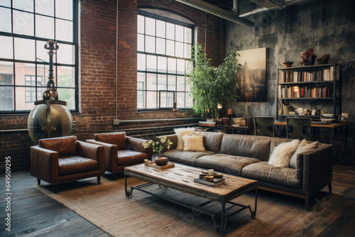 A Stylish and Inviting Open Concept Industrial Living Room with Exposed Brick Walls, Vintage Furniture, Rustic Wood Accents, and a Touch of Urban Charm.