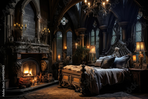 Hauntingly Beautiful: A Captivating Gothic Bedroom Interior with Ethereal Elegance, Luxurious Antique Bed, Candlelit Chandelier, and Intricate Gothic Motifs, Creating a Mysterious