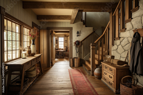 Step into a warm and inviting country-style hallway adorned with rustic wooden accents  vintage decor  and traditional elements  exuding cozy charm and farmhouse-inspired elegance.