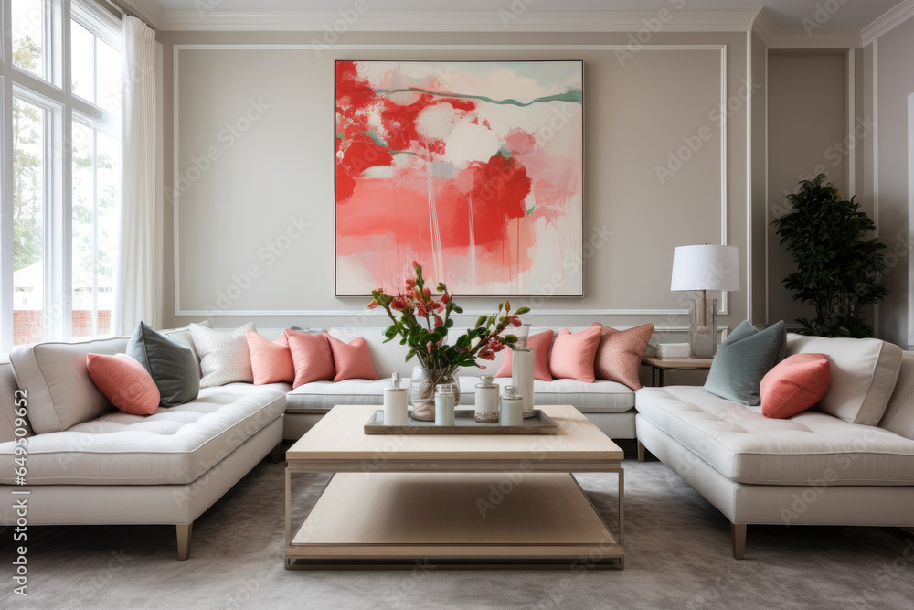 Creating a harmonious blend of serene gray and coral colors, this elegant living room interior exudes tranquility and modern aesthetics, with stylish furniture, cozy accessories, natural light