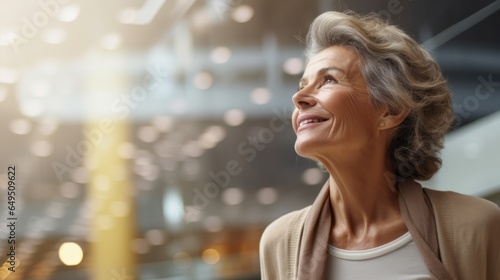 Happy mature woman in an elegant clothes coat on sale in the mall  a senior woman looking up in a shopping mall  in the style of light gray and light bronze  hazy