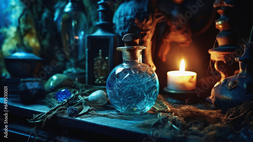 Close-Up of Mana Blue Potion in Apothecary Room, Herbalist