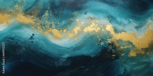 a painting with blues, golds and black swirls background, generative AI