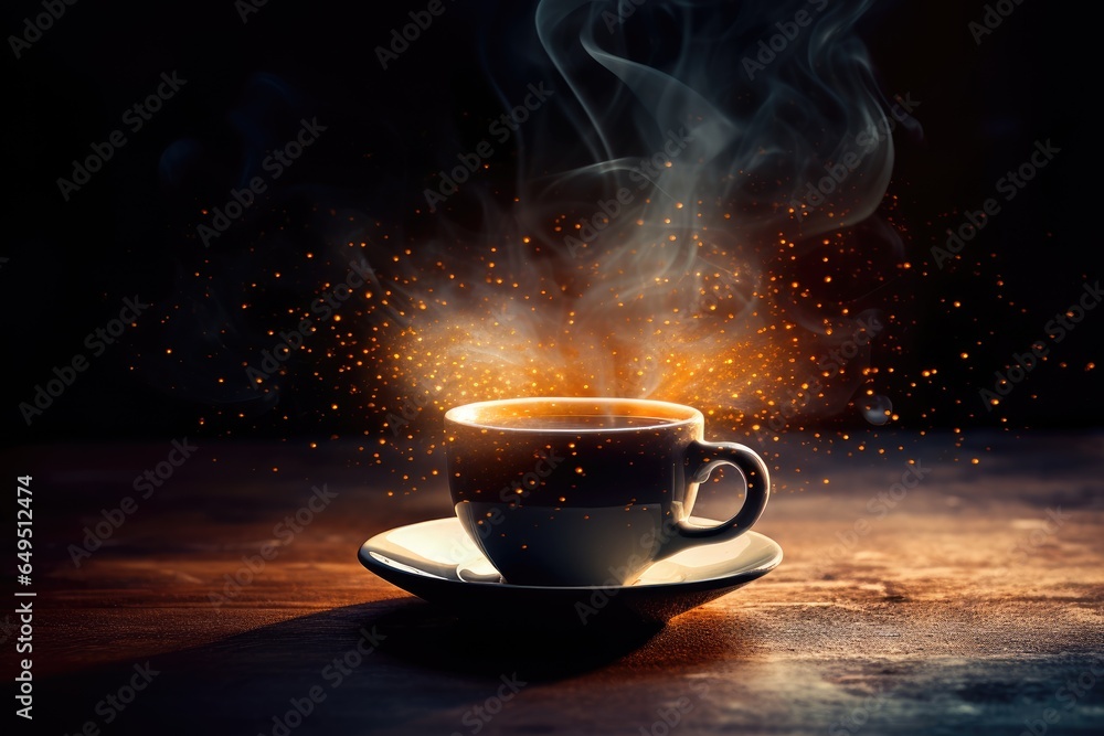 Black hot coffee cup and golden smoke on dark wood table. Mug with steaming smoke on dark background with golden lights, glittering sparkles and bokeh. Warm, light atmosphere. Magic mourning - obrazy, fototapety, plakaty 
