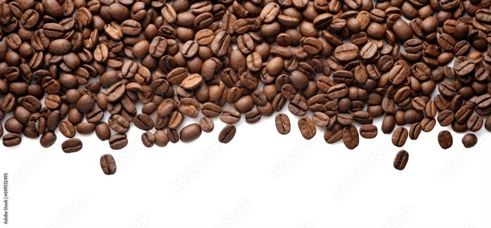 Obraz premium Fresh roasted coffee beans closeup pattern isolated on clear white background. Food pattern. Love coffee concept. Top view, flat lay with copy space