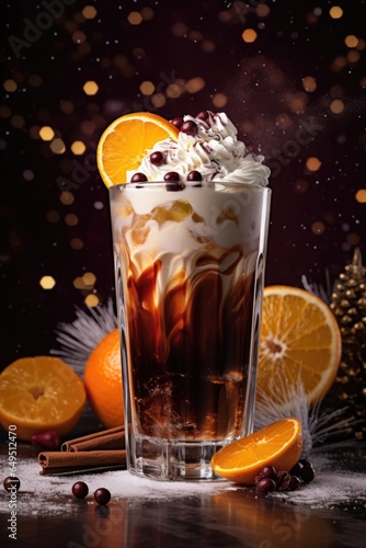 Spiced citrus latte with whipped cream topping and cinnamon. Cocktail or coffee. Winter drink on dark background with lights. Holidays treats concept. Copy space