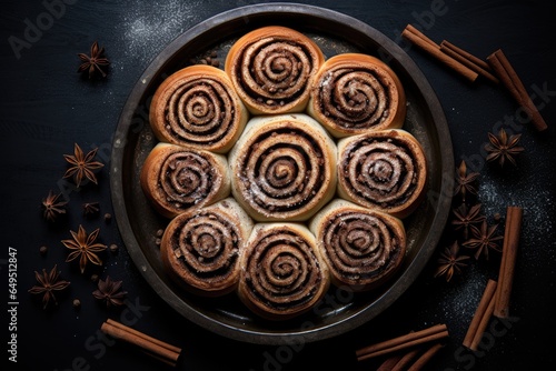 Hot fresh sweet homemade homemade cinnamon rolls or buns pastries covered sugar powder. Sweet rolls with cocoa filling. Bakery for the Thanksgiving party. Cozy autumn or winter concept