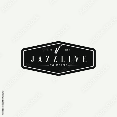 Jazz live music logo design with saxophone vintage retro stamp