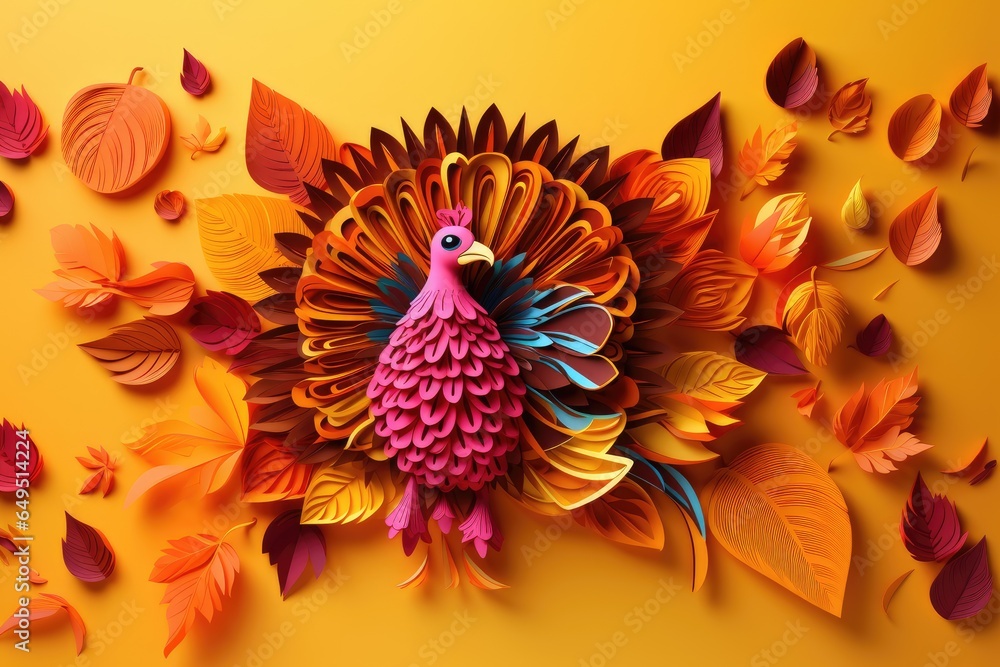  Paper colorful cartoon turkey isolated on yellow background with fall leaves. Happy Thanksgiving celebration concept. Autumn holiday flyer, poster or banner with copy space. Papercraft, quilling - obrazy, fototapety, plakaty 