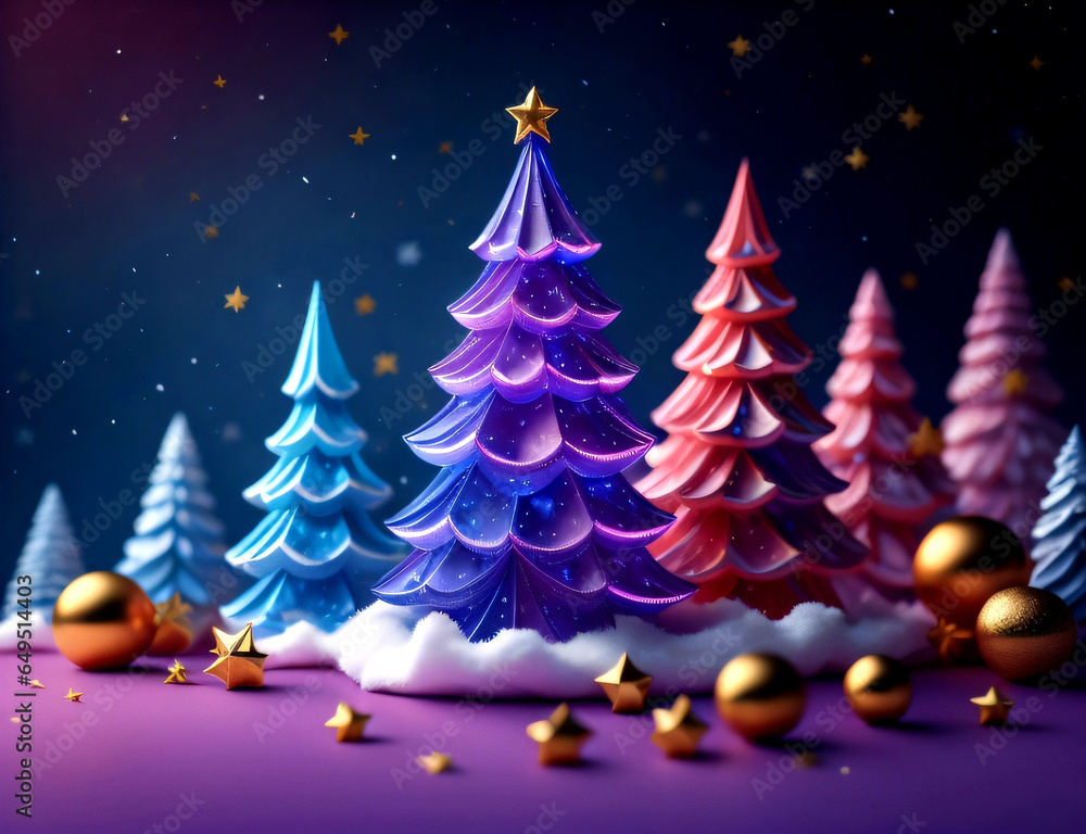 Blue Christmas background with Bethlehem stars, Christmas trees in various colors, and ornaments