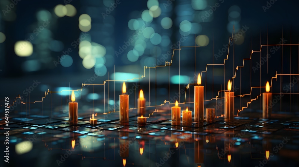 Blank dark bokeh background with digital financial chart indicators ...