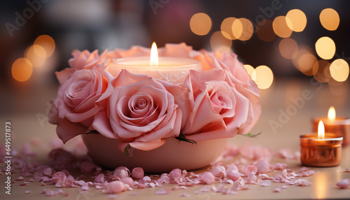 Romantic candlelight illuminates table, adorned with pink flower petals generated by AI