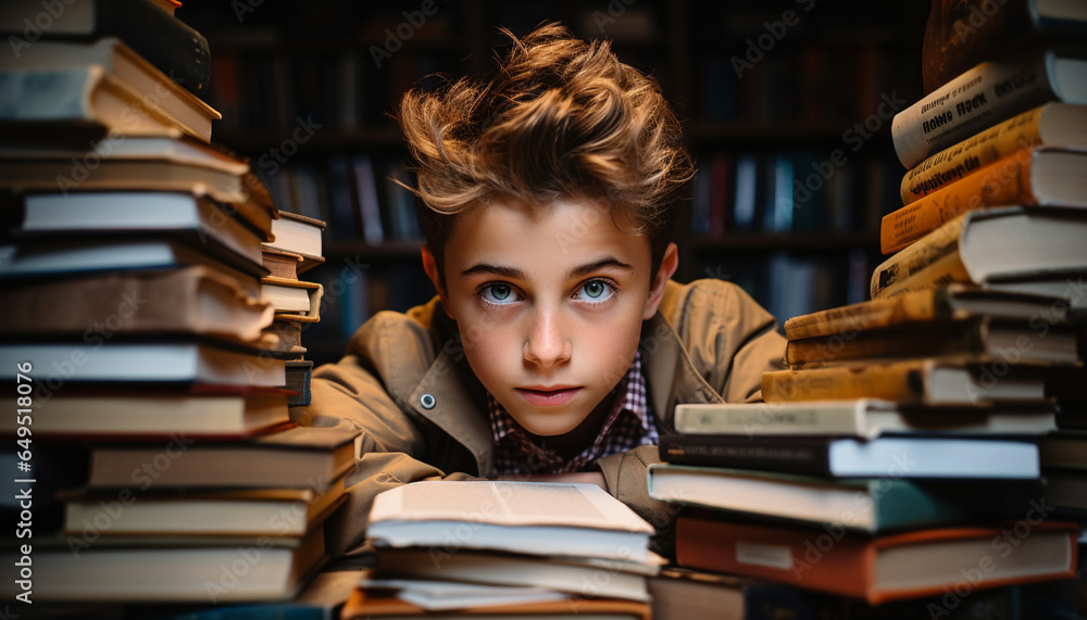 A cute schoolboy studying in the library, holding a textbook generated by AI A cute schoolboy studying in the library, holding a textbook generated by AI