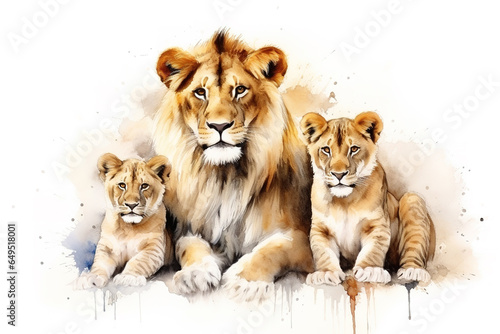 Watercolor painting of lion family on white background. Wildlife Animals. Illustration  Generative AI.