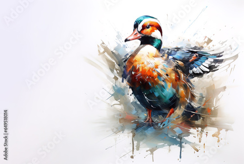 Watercolor painting of mandarin duck white background. Wildlife Animals. Illustration, Generative AI. photo