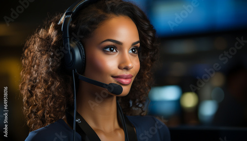 Young woman smiling, looking at camera, wearing headset in office generated by AI