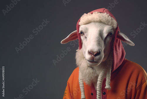 Image of portrait of a sheep hip hop outfit costume, Fashion. Illustration, Generative AI. © yod67
