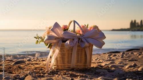 A wicker basket with flowers on the beach. Generative AI.