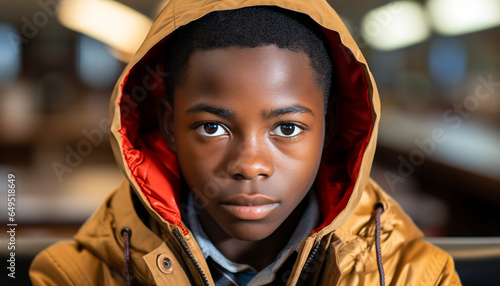 Young African boy smiling, wearing hooded shirt in rainy weather generated by AI