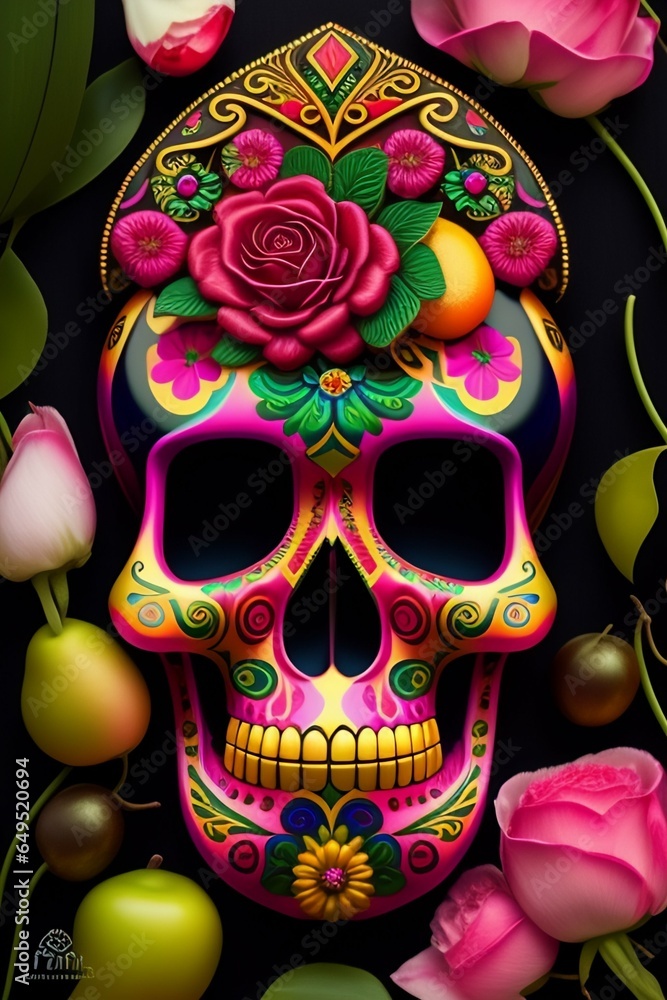 Mexican Skull Calavera, surrounded by poetic ornamental elements such as fruits, flowers, garlands of lights and native plants, colors Pink, Green, Gold and Black, 3D style, painting art, highly detai