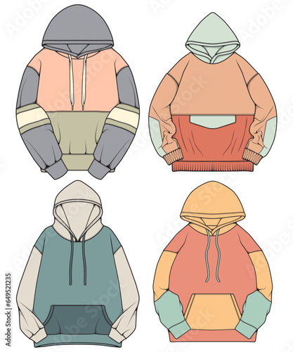 Oversized hoodie technical fashion illustration with relaxed fit, long sleeves. Flat outwear jumper apparel template. Women, men, unisex sweatshirt top mockup