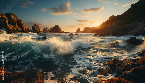 Majestic sunset over tranquil coastline, waves splashing on rocks generated by AI